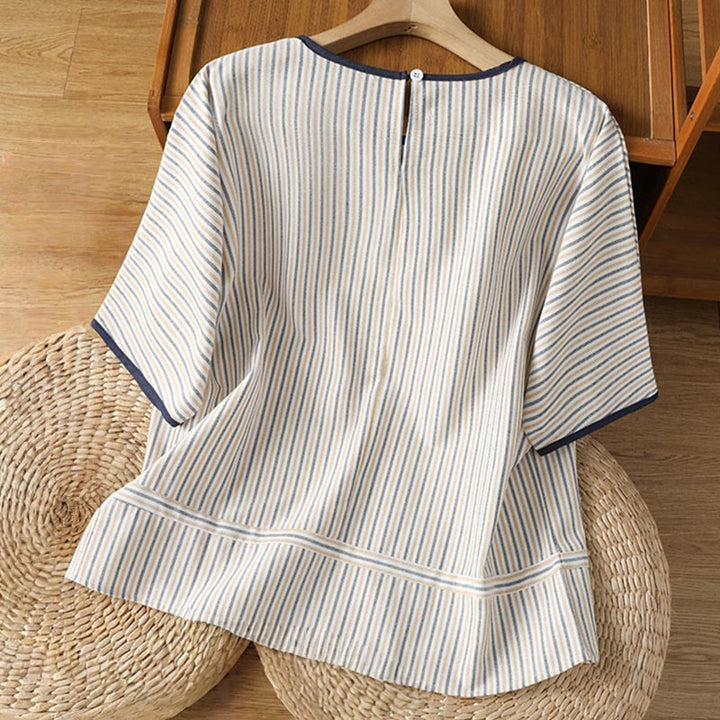Maglione a righe con scollo rotondo e motivo Buddha Stones, da donna, in cotone, a maniche corte