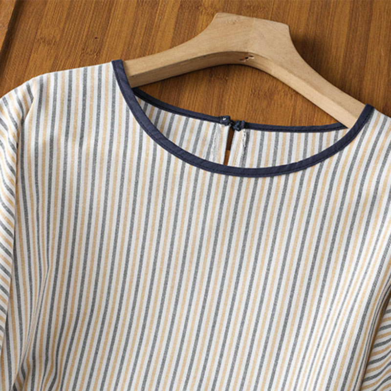 Maglione a righe con scollo rotondo e motivo Buddha Stones, da donna, in cotone, a maniche corte