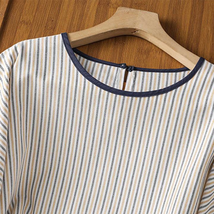 Maglione a righe con scollo rotondo e motivo Buddha Stones, da donna, in cotone, a maniche corte
