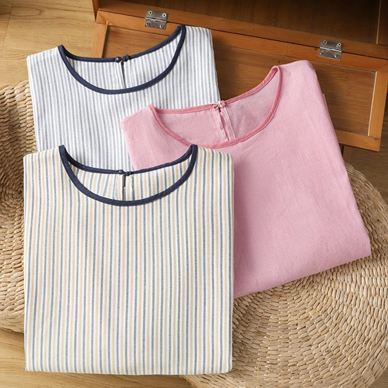 Maglione a righe con scollo rotondo e motivo Buddha Stones, da donna, in cotone, a maniche corte
