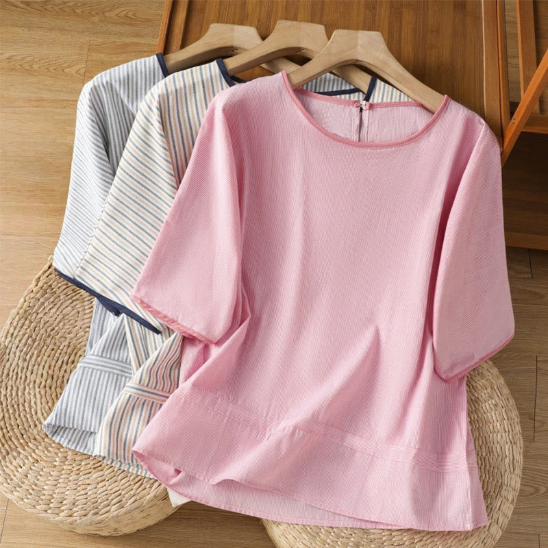 Maglione a righe con scollo rotondo e motivo Buddha Stones, da donna, in cotone, a maniche corte
