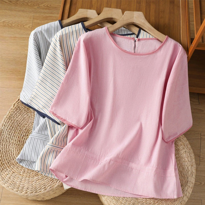Maglione a righe con scollo rotondo e motivo Buddha Stones, da donna, in cotone, a maniche corte