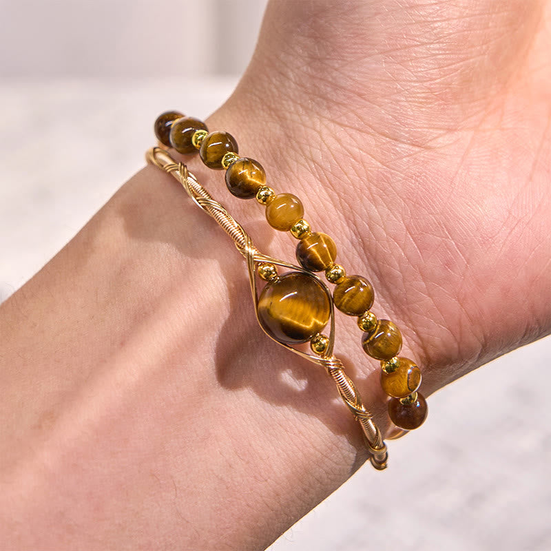 Bracciale rigido in metallo con protezione in occhio di tigre naturale in rame riempito d'oro 14K Buddha Stones
