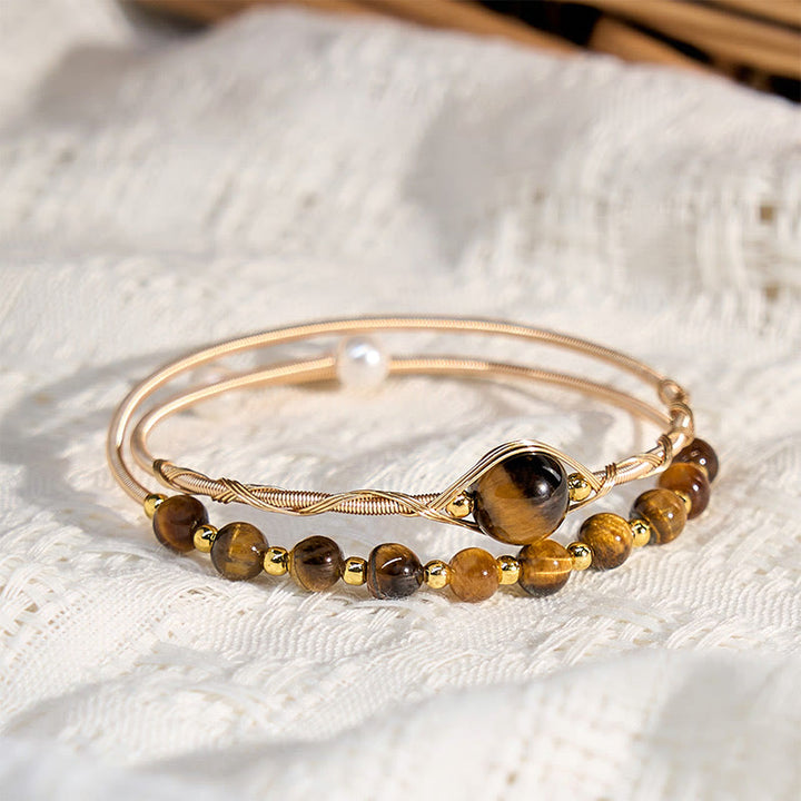 Bracciale rigido in metallo con protezione in occhio di tigre naturale in rame riempito d'oro 14K Buddha Stones