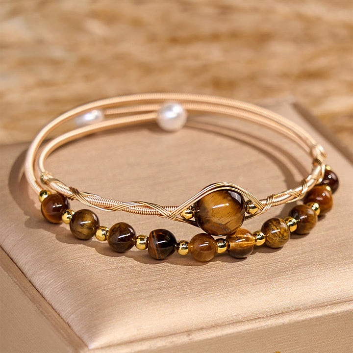 Bracciale rigido in metallo con protezione in occhio di tigre naturale in rame riempito d'oro 14K Buddha Stones