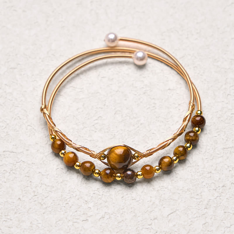 Bracciale rigido in metallo con protezione in occhio di tigre naturale in rame riempito d'oro 14K Buddha Stones