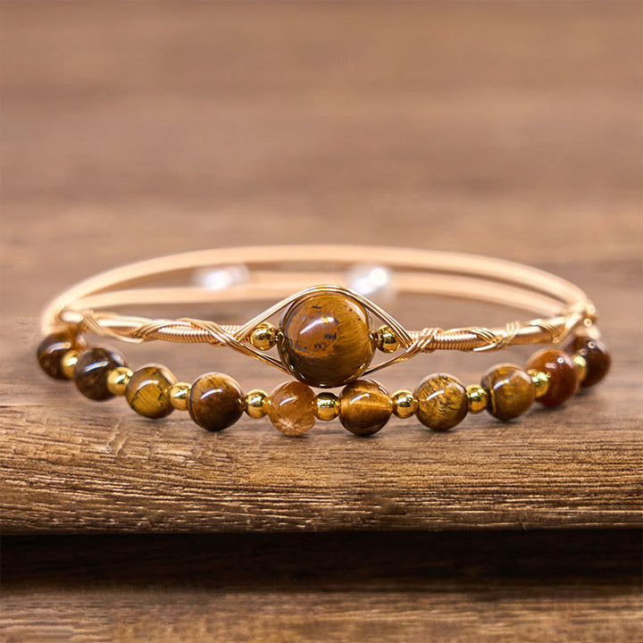 Bracciale rigido in metallo con protezione in occhio di tigre naturale in rame riempito d'oro 14K Buddha Stones