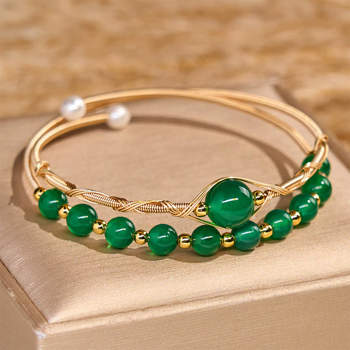 Bracciale rigido in metallo con agata verde naturale in rame riempito d'oro 14K Buddha Stones