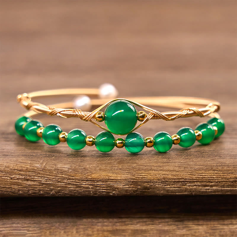 Bracciale rigido in metallo con agata verde naturale in rame riempito d'oro 14K Buddha Stones