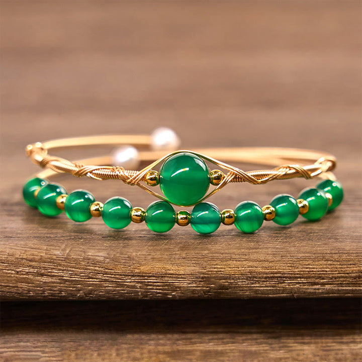 Bracciale rigido in metallo con agata verde naturale in rame riempito d'oro 14K Buddha Stones
