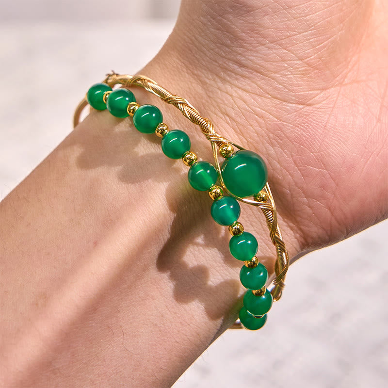 Bracciale rigido in metallo con agata verde naturale in rame riempito d'oro 14K Buddha Stones