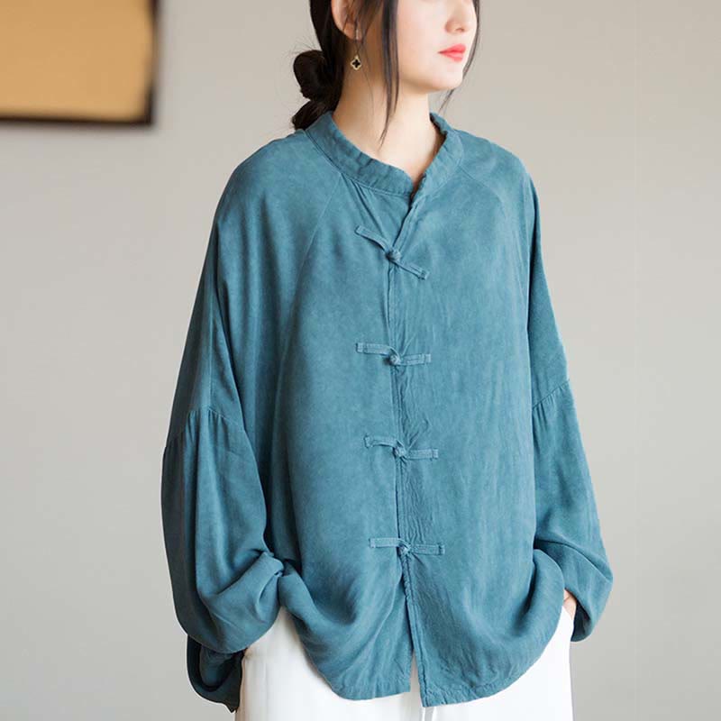 Camicia a maniche lunghe con bottoni a rana Buddha Stones, Zen Tai Chi, meditazione, giacca con abbigliamento Hanfu - Ciano (seno 162 cm) (solo parte superiore) - image 0