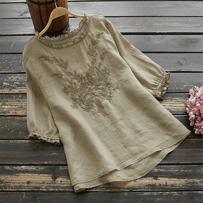 Maglietta girocollo con ricamo floreale da donna Buddha Stones - Legno robusto - US14, UK/AU18, EU46 (4XL) - image 0