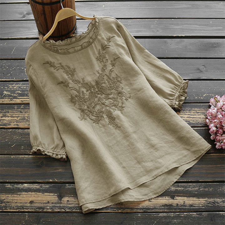 Maglietta girocollo con ricamo floreale da donna Buddha Stones - Legno robusto - US14, UK/AU18, EU46 (4XL) - image 0