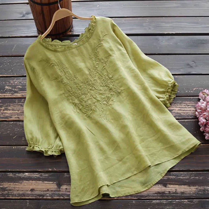 Maglietta girocollo con ricamo floreale da donna Buddha Stones - GialloVerde - US14, UK/AU18, EU46 (4XL) - image 11