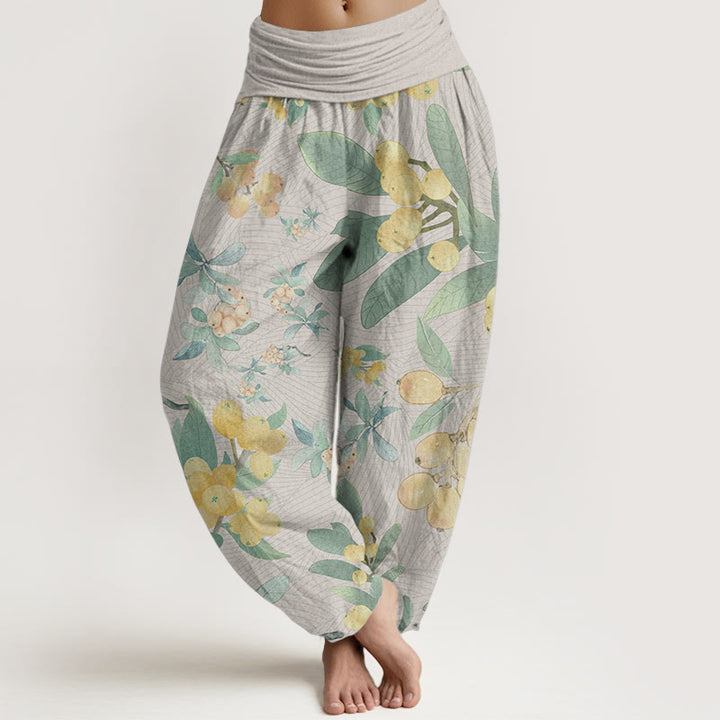 Pantaloni harem da donna con elastico in vita, in puro cotone, modello casual con motivo a nespolo, motivo Buddha Stones