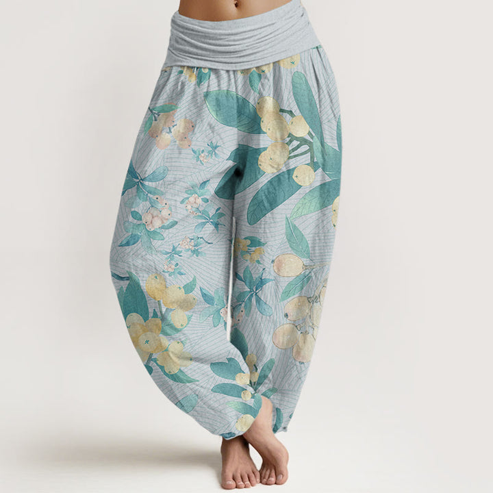 Pantaloni harem da donna con elastico in vita, in puro cotone, modello casual con motivo a nespolo, motivo Buddha Stones