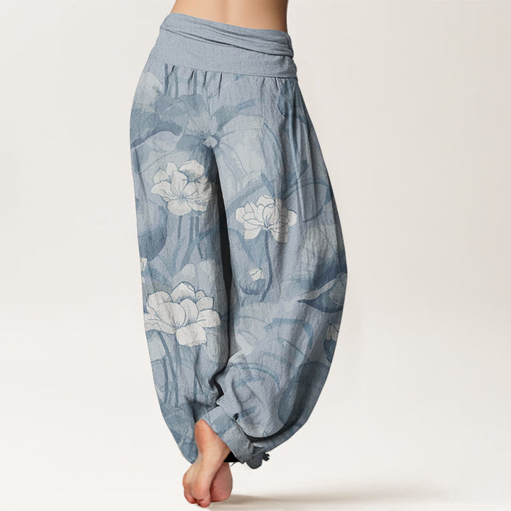 Pantaloni harem da donna con elastico in vita e motivo a loto in puro cotone Buddha Stones - image 1