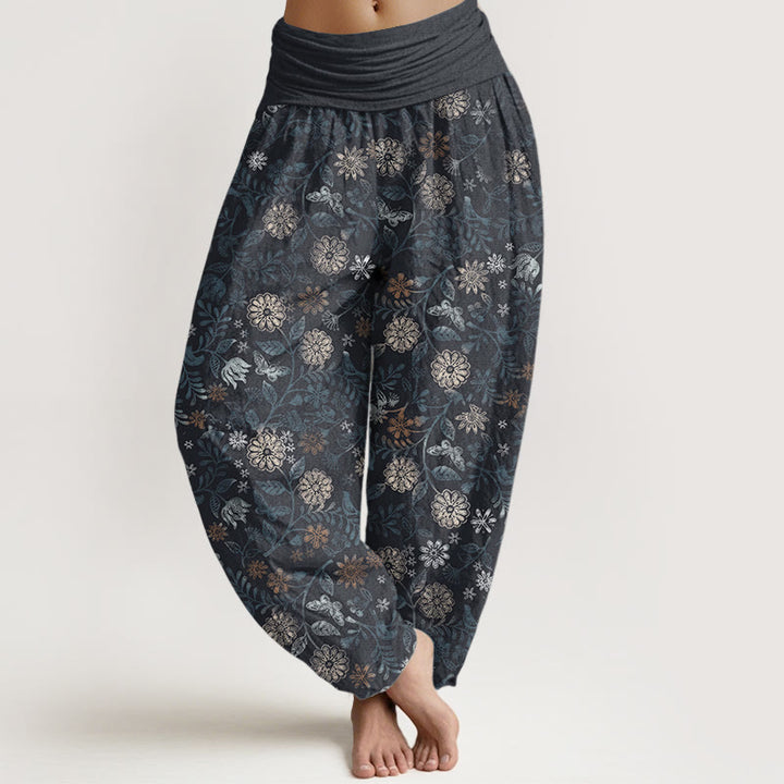 Pantaloni harem da donna con elastico in vita, in puro cotone, casual, con motivo a fiori e foglie di Aster di New York, motivo Buddha Stones
