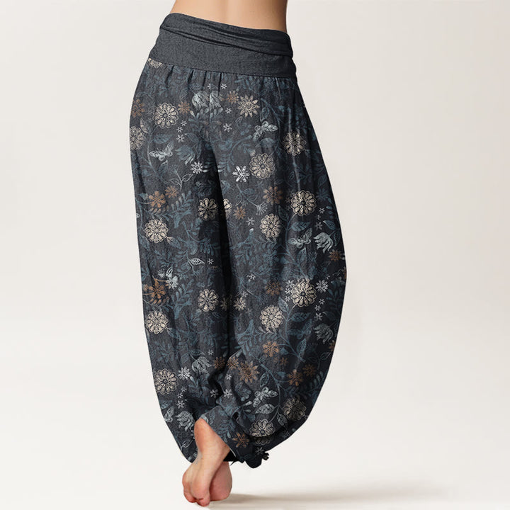 Pantaloni harem da donna con elastico in vita, in puro cotone, casual, con motivo a fiori e foglie di Aster di New York, motivo Buddha Stones