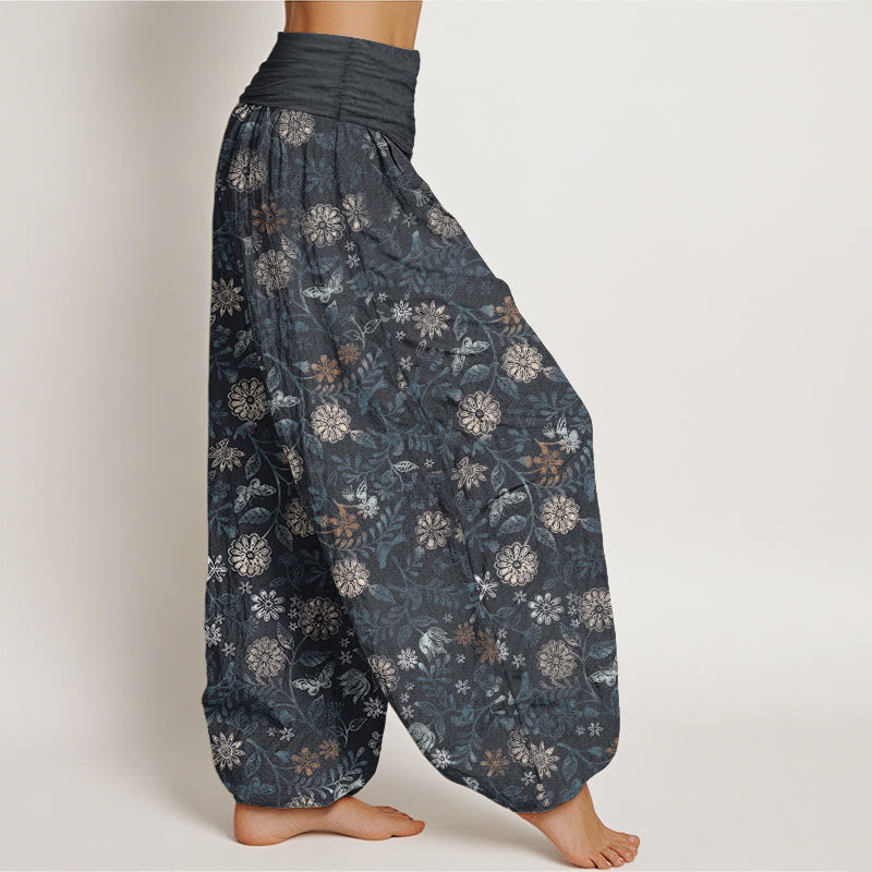 Pantaloni harem da donna con elastico in vita, in puro cotone, casual, con motivo a fiori e foglie di Aster di New York, motivo Buddha Stones