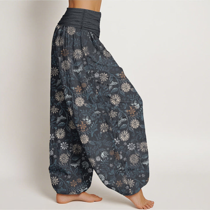 Pantaloni harem da donna con elastico in vita, in puro cotone, casual, con motivo a fiori e foglie di Aster di New York, motivo Buddha Stones