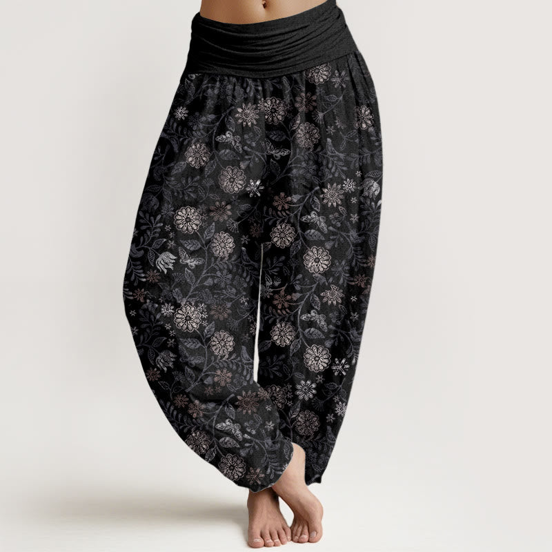 Pantaloni harem da donna con elastico in vita, in puro cotone, casual, con motivo a fiori e foglie di Aster di New York, motivo Buddha Stones
