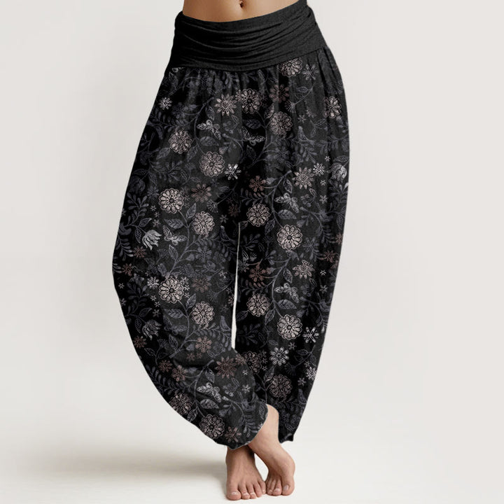 Pantaloni harem da donna con elastico in vita, in puro cotone, casual, con motivo a fiori e foglie di Aster di New York, motivo Buddha Stones