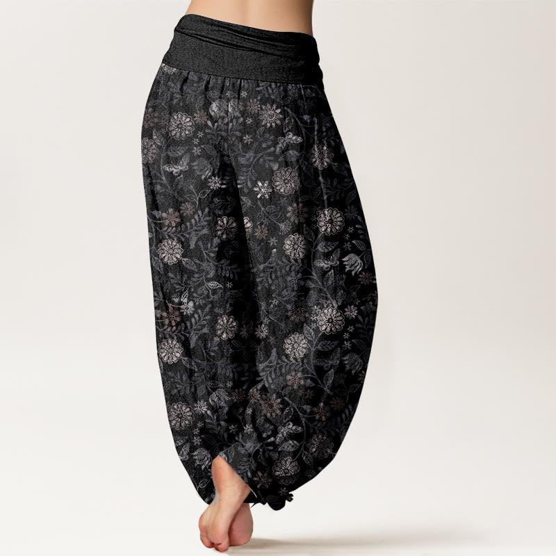 Pantaloni harem da donna con elastico in vita, in puro cotone, casual, con motivo a fiori e foglie di Aster di New York, motivo Buddha Stones