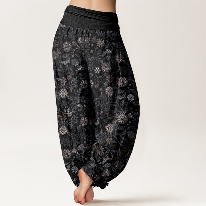 Pantaloni harem da donna con elastico in vita, in puro cotone, casual, con motivo a fiori e foglie di Aster di New York, motivo Buddha Stones