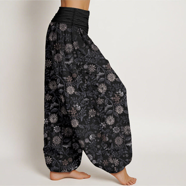 Pantaloni harem da donna con elastico in vita, in puro cotone, casual, con motivo a fiori e foglie di Aster di New York, motivo Buddha Stones