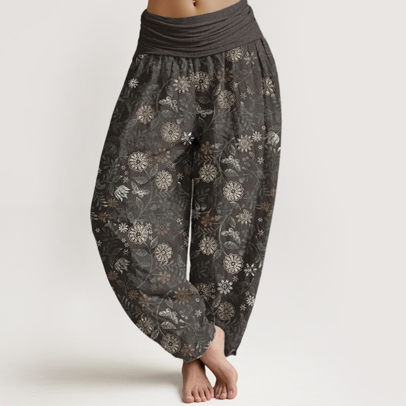 Pantaloni harem da donna con elastico in vita, in puro cotone, casual, con motivo a fiori e foglie di Aster di New York, motivo Buddha Stones