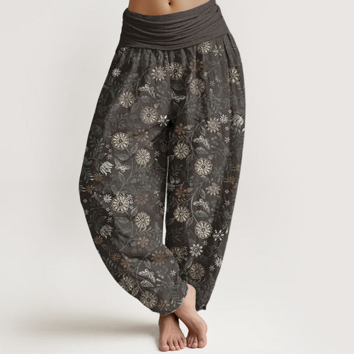 Pantaloni harem da donna con elastico in vita, in puro cotone, casual, con motivo a fiori e foglie di Aster di New York, motivo Buddha Stones