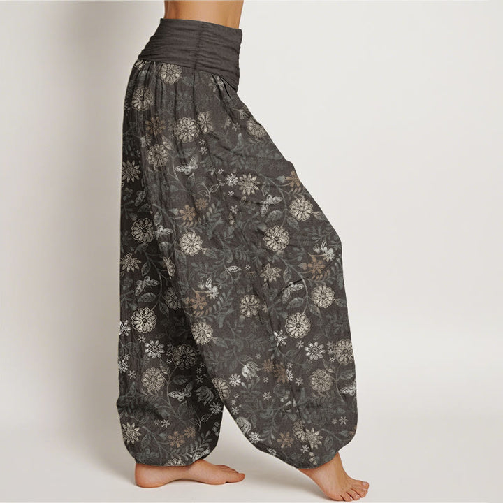 Pantaloni harem da donna con elastico in vita, in puro cotone, casual, con motivo a fiori e foglie di Aster di New York, motivo Buddha Stones