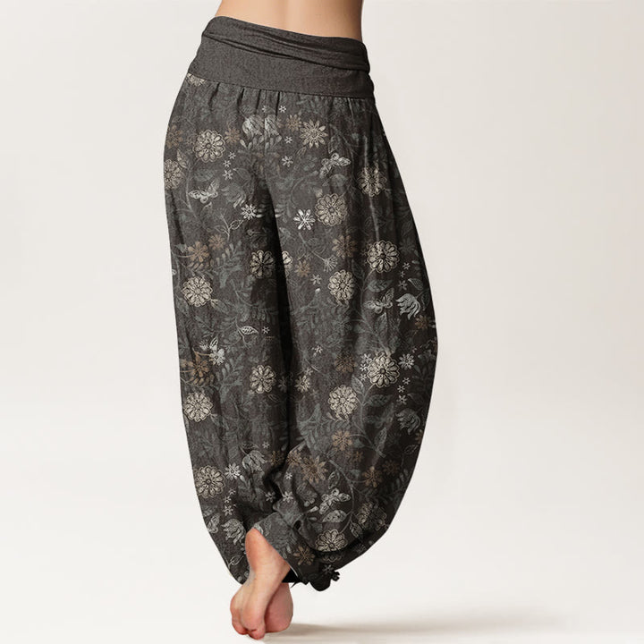 Pantaloni harem da donna con elastico in vita, in puro cotone, casual, con motivo a fiori e foglie di Aster di New York, motivo Buddha Stones