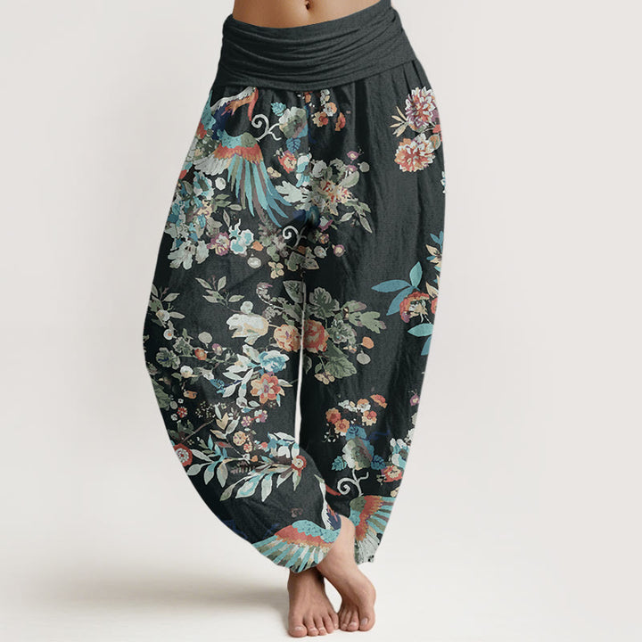 Pantaloni harem da donna con elastico in vita, in puro cotone, con motivo di fiori colorati, uccelli e foglie, motivo Buddha Stones