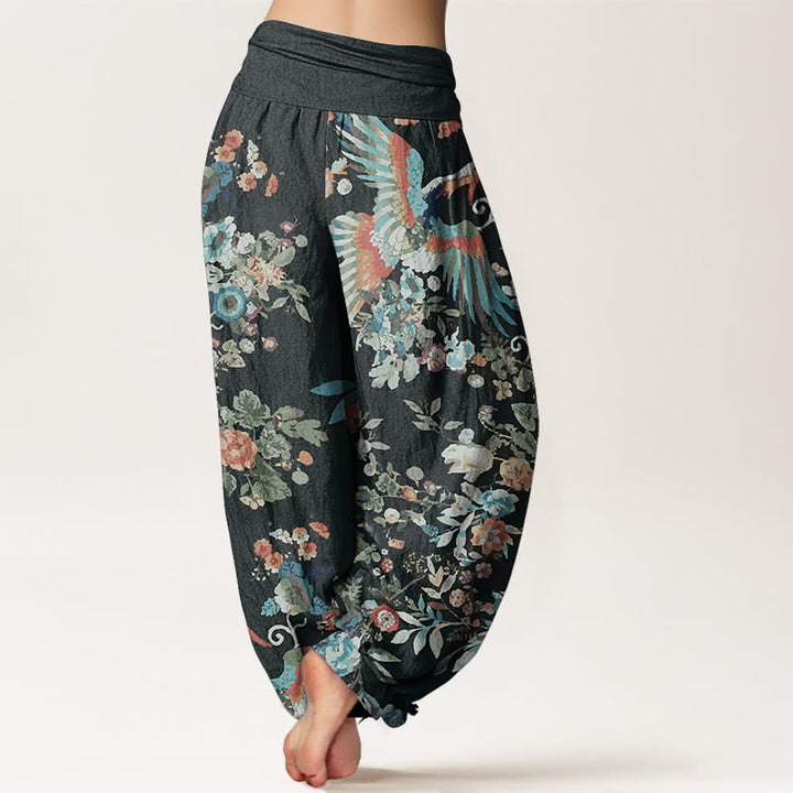Pantaloni harem da donna con elastico in vita, in puro cotone, con motivo di fiori colorati, uccelli e foglie, motivo Buddha Stones