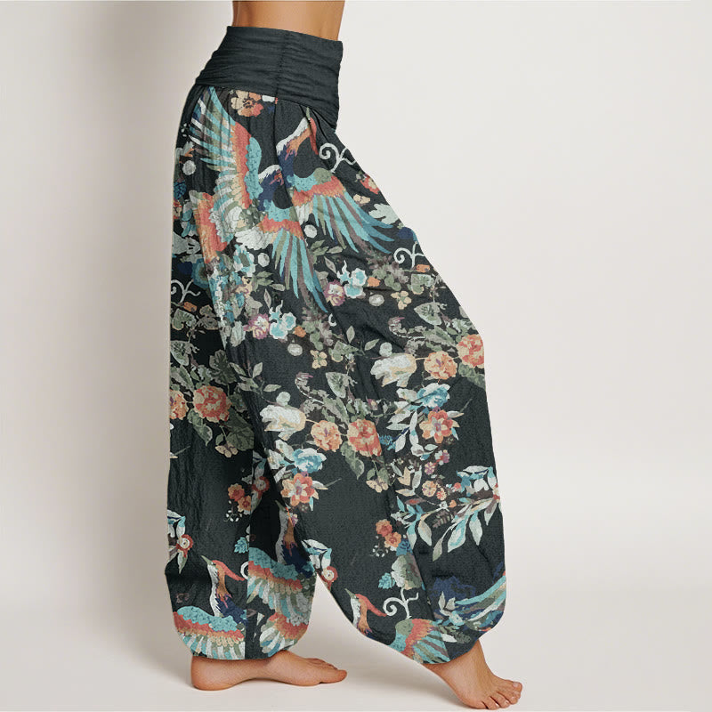 Pantaloni harem da donna con elastico in vita, in puro cotone, con motivo di fiori colorati, uccelli e foglie, motivo Buddha Stones