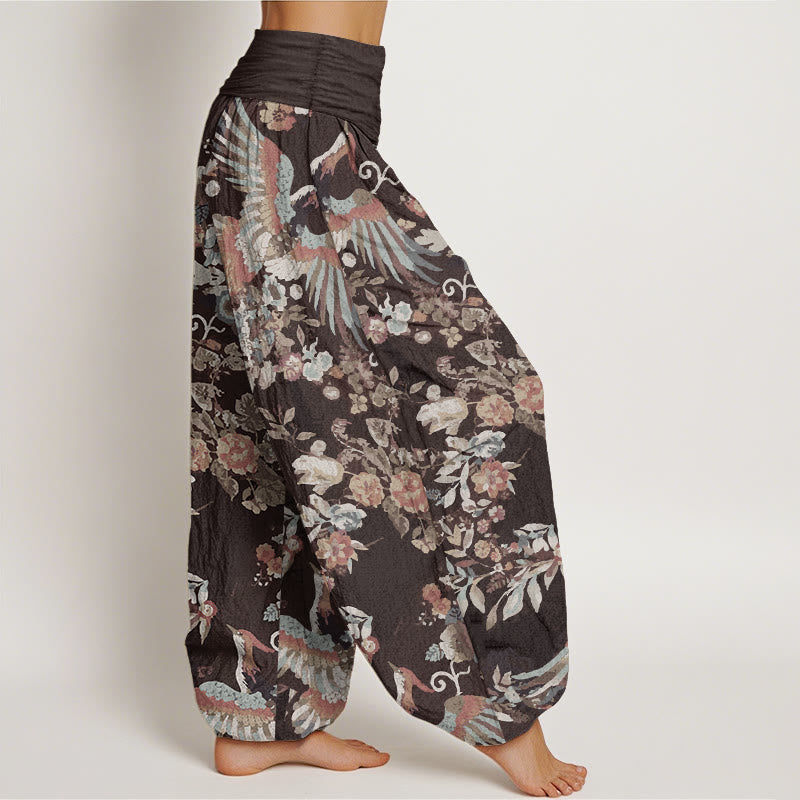 Pantaloni harem da donna con elastico in vita, in puro cotone, con motivo di fiori colorati, uccelli e foglie, motivo Buddha Stones