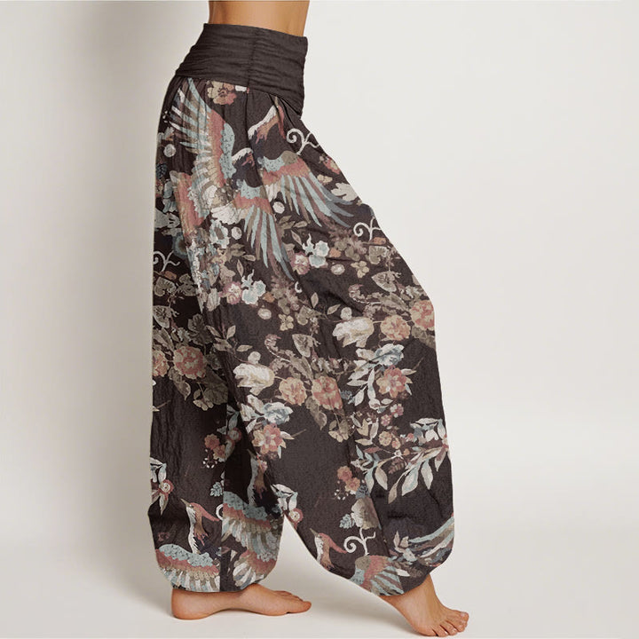 Pantaloni harem da donna con elastico in vita, in puro cotone, con motivo di fiori colorati, uccelli e foglie, motivo Buddha Stones