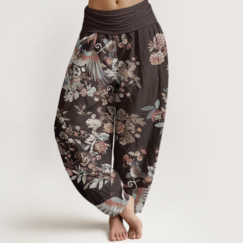 Pantaloni harem da donna con elastico in vita, in puro cotone, con motivo di fiori colorati, uccelli e foglie, motivo Buddha Stones