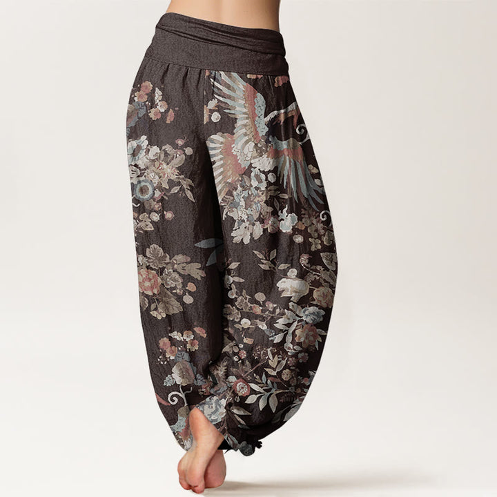 Pantaloni harem da donna con elastico in vita, in puro cotone, con motivo di fiori colorati, uccelli e foglie, motivo Buddha Stones