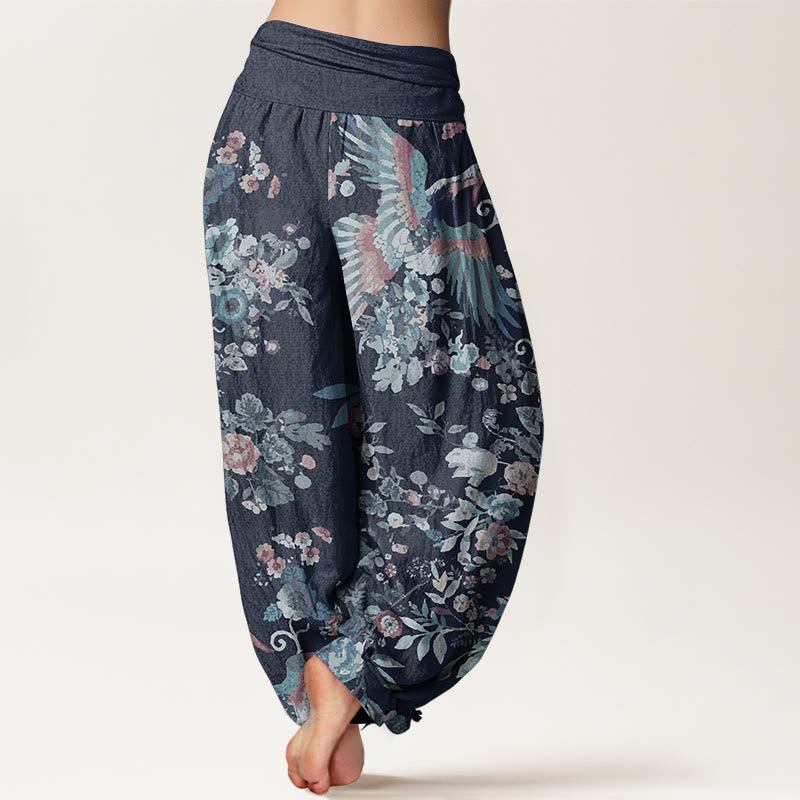 Pantaloni harem da donna con elastico in vita, in puro cotone, con motivo di fiori colorati, uccelli e foglie, motivo Buddha Stones