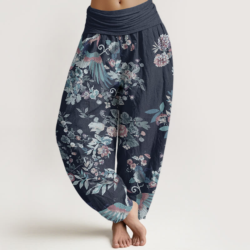 Pantaloni harem da donna con elastico in vita, in puro cotone, con motivo di fiori colorati, uccelli e foglie, motivo Buddha Stones