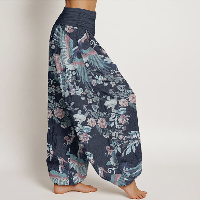 Pantaloni harem da donna con elastico in vita, in puro cotone, con motivo di fiori colorati, uccelli e foglie, motivo Buddha Stones