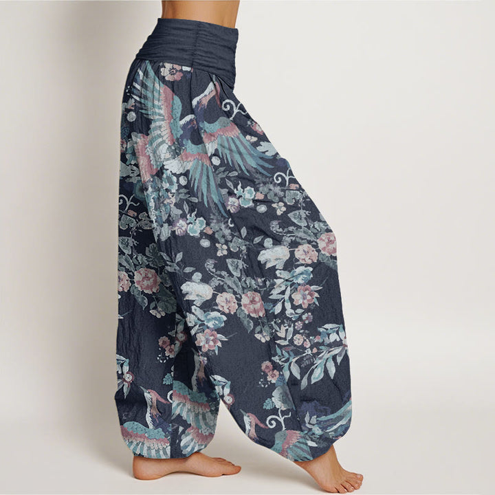 Pantaloni harem da donna con elastico in vita, in puro cotone, con motivo di fiori colorati, uccelli e foglie, motivo Buddha Stones