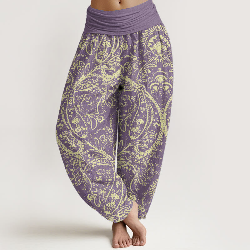 Pantaloni harem da donna con elastico in vita, in puro cotone, con fiori e motivi Paisley, motivo Buddha Stones