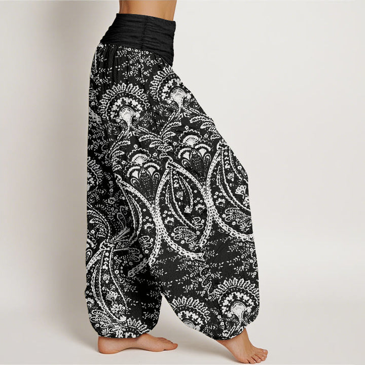 Pantaloni harem da donna con elastico in vita, in puro cotone, con fiori e motivi Paisley, motivo Buddha Stones