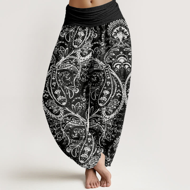 Pantaloni harem da donna con elastico in vita, in puro cotone, con fiori e motivi Paisley, motivo Buddha Stones - Nero - US22, UK/AU26, EU54 (6XL) - image 9