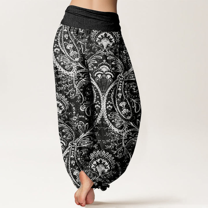 Pantaloni harem da donna con elastico in vita, in puro cotone, con fiori e motivi Paisley, motivo Buddha Stones
